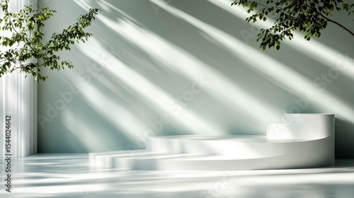 An artistic view of a serene minimalist interior featuring elegant white steps under soft light, conveying tranquility, simplicity, and modern design aesthetics.