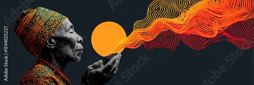 52 year old West African griot performing a libation ritual for spiritual healing with a stipple engraving overlay illustrating energetic meridian flows
