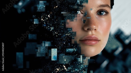 Digital transformation of young caucasian female with pixel art elements