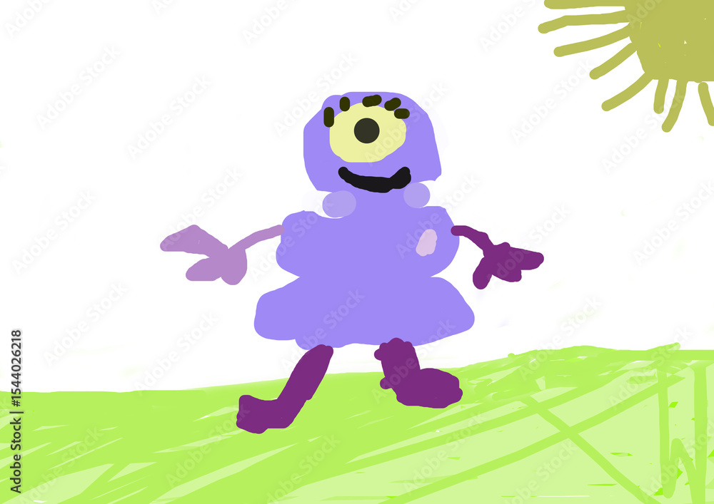 Obraz premium Funny monster. Monster character cartoon. Cute monster. A purple monster in the sunny meadow. Children's drawing of a monster. Happy purple monster cartoon. Halloween monster
