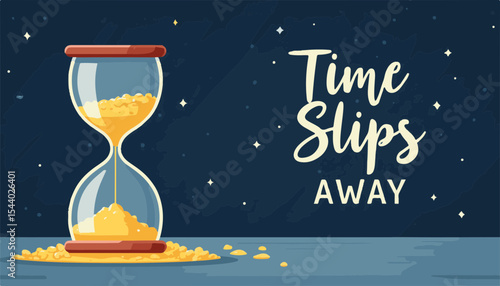 Hourglass with flowing sand against a dark starry background, symbolizing the concept of time slipping away, perfect for businesses in self-improvement or planning.