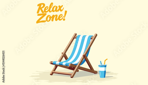 Relaxing beach chair with blue and white striped cloth and refreshing drink, minimalist style on a light yellow background, summer concept of travel agency or beach resort