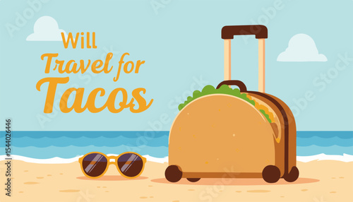 Illustration of a suitcase shaped like a taco on a beach with sunglasses, whimsical travel-themed design highlighting fun and adventure, concept of travel agency or food festival
