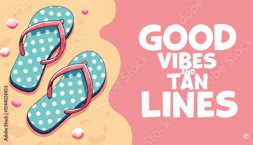 Colorful flip-flops with polka dots and seashells on a sandy beach background, summer vibes concept of beachwear or vacation accessories