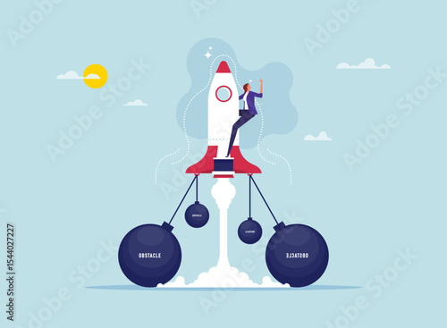 Business difficulty or overcoming business problems concept, fighting career obstacles or progress, businesswoman on rocket while there are obstacles in her way