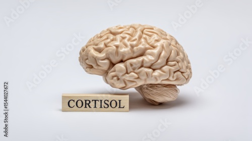 Human brain model with cortisol sign displayed on white background