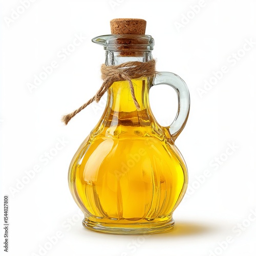 A glass cruet filled with yellow liquid with cork
