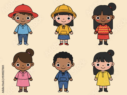 Playful Ensemble: A charming collection of diverse children, adorned in cheerful attire, radiate innocence and joy, embodying the essence of childhood.