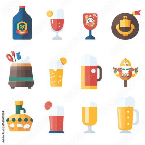 Flat minimalist Oktoberfest icons set with beer mugs glasses barrels pretzel and festival decorations vector illustration isolated on white background