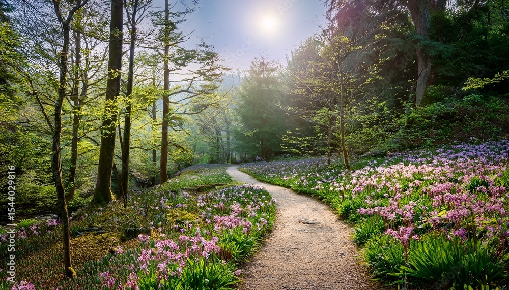 Obraz premium a picturesque pathway winds through a blooming forest surrounded by vibrant flowers creating a tranquil escape into nature s beauty and inviting exploration
