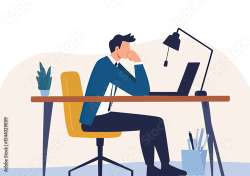Tired business man sitting at desk with laptop hand on chin office slump fatigue burnout concept flat vector illustration