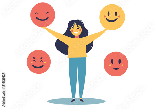 Smiling woman juggling colorful happy and playful emotion faces expression isolated on white background flat vector illustration