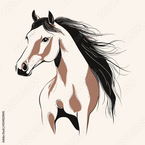 Detailed hand drawn paint horse portrait with flowing mane in minimalist flat vector style on light background for equine art and animal illustration