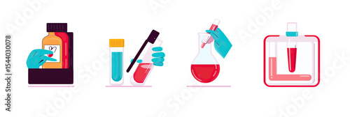 Hand holding medicine bottle with heart label, test tubes with blue and red liquids, pouring red liquid into conical flask, blood sample vial in transparent holder flat vector illustration