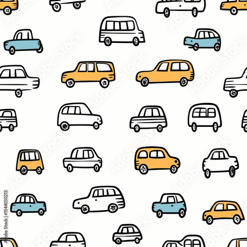 Seamless pattern of hand drawn doodle cars in blue, orange, and black line art on white background for children texture and print design