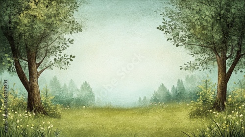 Fototapeta Naklejka Na Ścianę i Meble -  Lush green meadow with trees under a hazy sky.