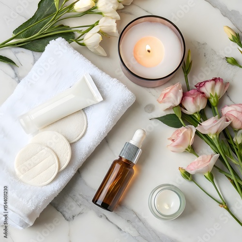 Skincare cosmetic products and lit candle with flowers on marble background