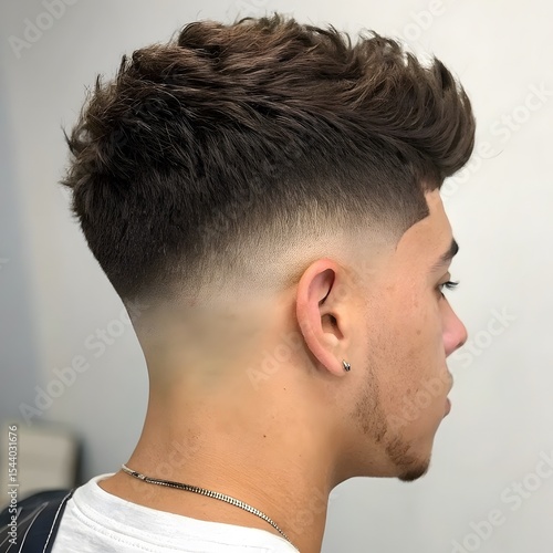Young Latino man with modern fade haircut side view