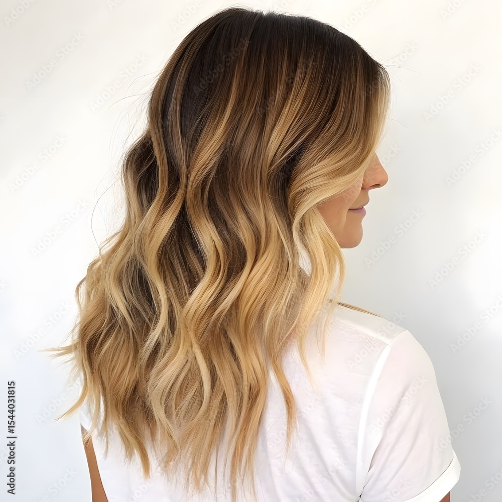 Naklejka premium Woman with long wavy hair showing blonde and brown balayage color