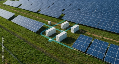 Solar power plant with battery storage on green field