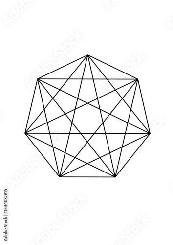 polygon with seven corners and 14 diagonals, geometric figure made of black lines, abstract vector graphic