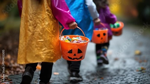 Children in Halloween costumes walk together holding colorful buckets filled with candy during a festive trick-or-treat night