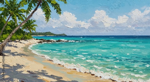 Tropical beach with palm trees and turquoise sea, oil painting