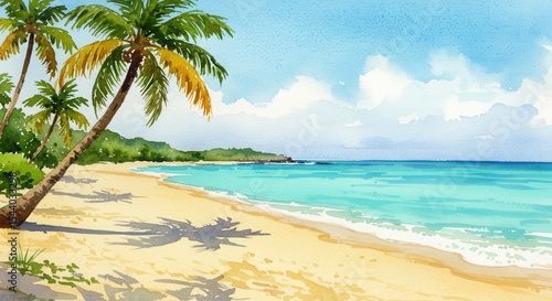 Watercolor painting of tropical beach with palm trees and blue sea