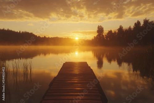 A wooden dock extends quietly over the calm lake surface