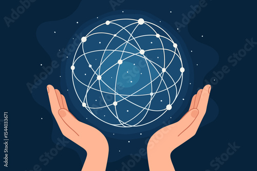 Hands holding a glowing global network sphere. Abstract technology and communication concept with data connection nodes. Futuristic science and internet innovation vector illustration.