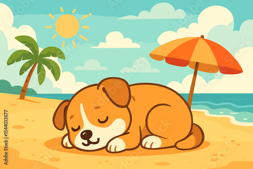 Cute cartoon dog sleeping on a sandy beach under an umbrella. Adorable puppy napping peacefully by the ocean. Summer vacation and pet relaxation concept vector illustration.