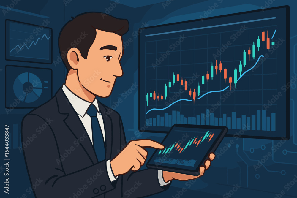 Professional businessman analyzing stock market data on tablet, monitoring financial trends, investments, and growth in a high-tech digital environment. Cartoon vector illustration. Professional businessman analyzing stock market data on tablet, monitoring financial trends, investments, and growth in a high-tech digital environment. Cartoon vector illustration.
