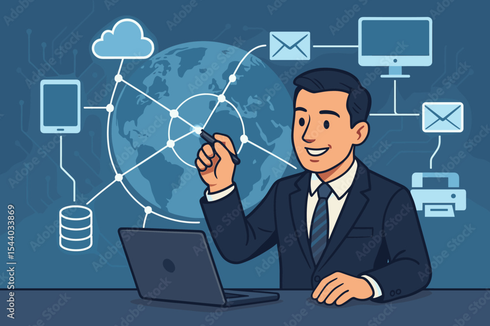 Businessman managing global network structure and data exchange connections, highlighting modern digital office technology. Innovative internet connectivity solutions vector illustration. Businessman managing global network structure and data exchange connections, highlighting modern digital office technology. Innovative internet connectivity solutions vector illustration.