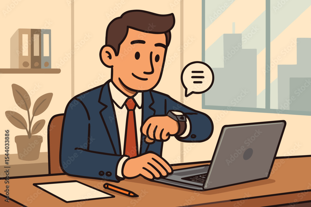 Businessman checking smartwatch notification and messages while working on laptop in modern office setting. Professional man receiving digital alerts, communication, and multitasking at work. Businessman checking smartwatch notification and messages while working on laptop in modern office setting. Professional man receiving digital alerts, communication, and multitasking at work.