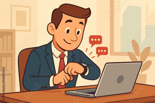 Cartoon businessman at office desk distracted by smartwatch notifications. Man checking messages on wearable tech instead of working on laptop. Multitasking procrastination concept.