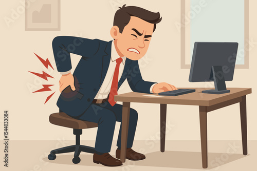 Businessman suffering from severe lower back pain at office desk. Office worker touching hurt spine area. Concept of health problem, muscle strain, office syndrome, and bad posture.