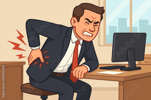 Businessman with lower back pain sitting at office desk. Man suffering from backache and muscle strain. Office syndrome and sedentary work health problem vector cartoon illustration.