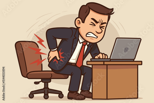 Businessman suffering from severe lower back pain at office desk. Unhappy employee touching spine, feeling ache. Office syndrome concept. Unhealthy sedentary work. Backache.