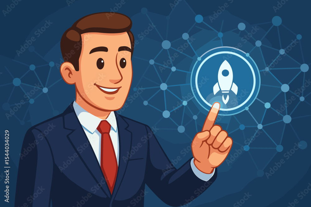 Businessman launching startup project. Man in suit pressing a glowing rocket icon on a virtual interface. Business growth, success, innovation technology, new venture concept vector. Businessman launching startup project. Man in suit pressing a glowing rocket icon on a virtual interface. Business growth, success, innovation technology, new venture concept vector.
