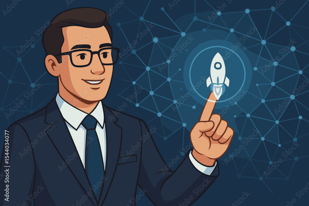 Dynamic Businessman Pointing at Startup Rocket Icon on Modern Virtual Network Interface. Cartoon Man Launching Business Innovation, Technology, Digital Future, Success Growth Concept Dynamic Businessman Pointing at Startup Rocket Icon on Modern Virtual Network Interface. Cartoon Man Launching Business Innovation, Technology, Digital Future, Success Growth Concept