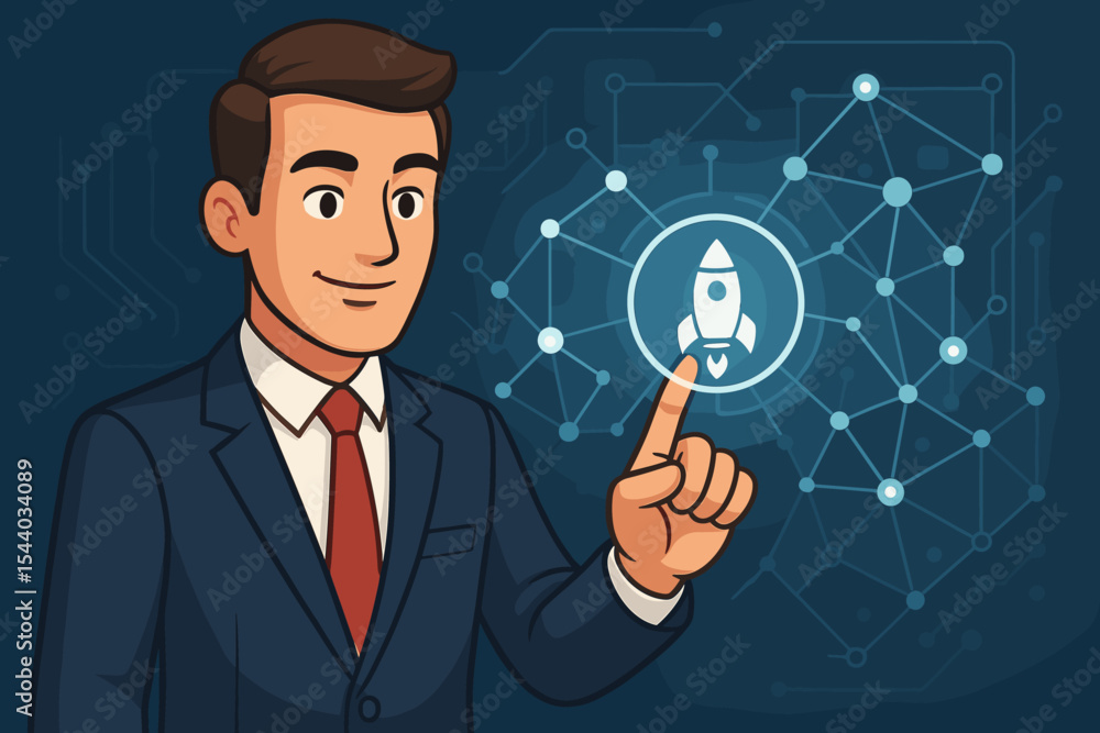 Businessman touches glowing rocket icon on virtual interface, symbolizing startup launch, business innovation, technology, growth, success, digital network connections, future, entrepreneurial vision. Businessman touches glowing rocket icon on virtual interface, symbolizing startup launch, business innovation, technology, growth, success, digital network connections, future, entrepreneurial vision.