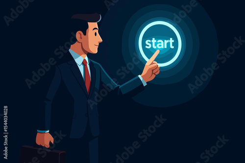 Ambitious businessman presses glowing virtual 'start' button, symbolizing new beginning, future opportunity, career launch, innovation, digital technology, success, and progress. Vector illustration.