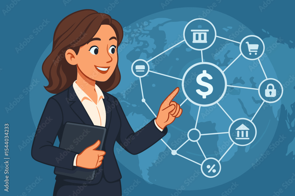 Professional Businesswoman Pointing at Global Online Payment Network on Virtual Interface. Secure Digital Finance, E-commerce, Mobile Banking & Fintech Transactions. Vector Cartoon Illustration. Professional Businesswoman Pointing at Global Online Payment Network on Virtual Interface. Secure Digital Finance, E-commerce, Mobile Banking & Fintech Transactions. Vector Cartoon Illustration.
