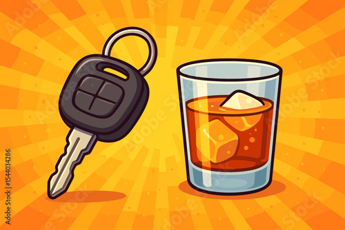 Drunk driving concept. Don't drink and drive. Social issue. Car key, alcohol glass. DUI warning. Responsible choice. Designated driver. Road safety. Danger. Vector cartoon illustration.