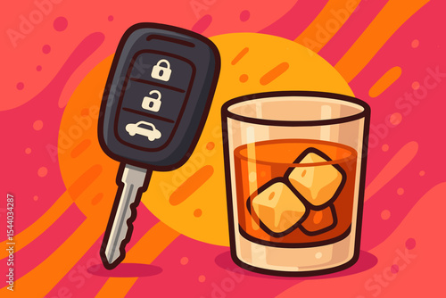 Car Key and Alcoholic Drink, Whiskey Glass with Ice, Illustrating Responsible Driving Choice and Drunk Driving Prevention. Vibrant Cartoon Vector Artwork. Safety Awareness Concept.