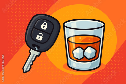 Car Key and Alcoholic Drink Glass with Ice, Depicting Responsible Driving Choice. No Drunk Driving, DUI Prevention. Safety Decision, Designated Driver Concept. Vibrant Cartoon Vector Illustration.