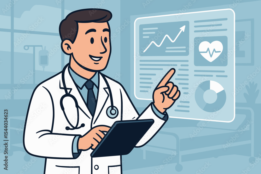 Doctor using a digital tablet analyzes patient data on a futuristic screen. Healthcare professional with electronic health record EHR. Medical technology, diagnostics, EKG concept. Doctor using a digital tablet analyzes patient data on a futuristic screen. Healthcare professional with electronic health record EHR. Medical technology, diagnostics, EKG concept.