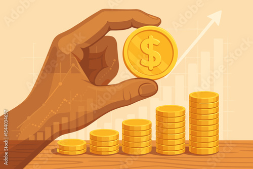 Hand holding a gold dollar coin with growing stacks of money. Double exposure effect with a rising financial graph. Concept of investment, savings, wealth, profit, and economy.