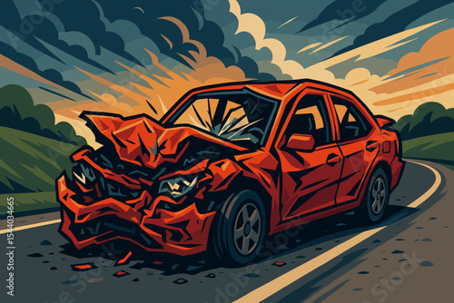 Dramatic vibrant distorted red car accident wreckage on roadside. Crumpled vehicle collision on a winding road with shattered glass. Vector cartoon illustration of auto crash damage concept.