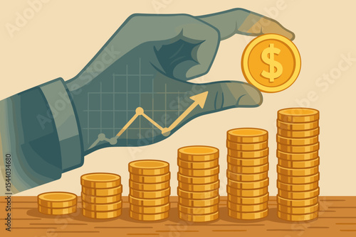Hand holding golden dollar coin, double exposure with financial growth chart, rising stacks of money on wooden table. Investment, business success, wealth, savings concept vector illustration.